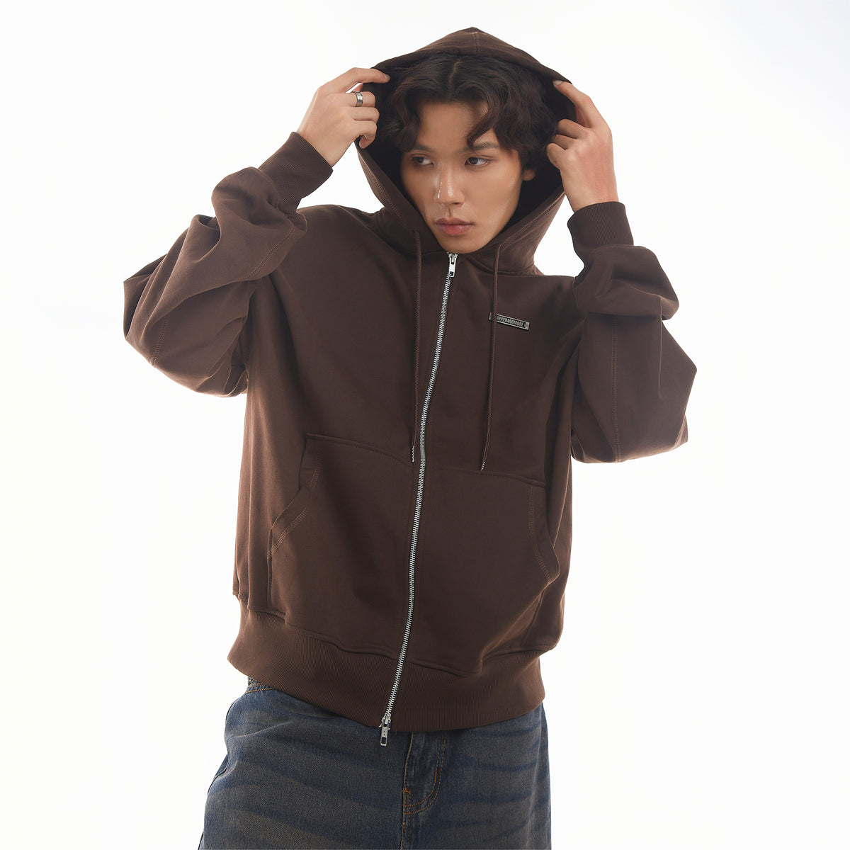 METAL ZIPPED HOODIE/ BROWN