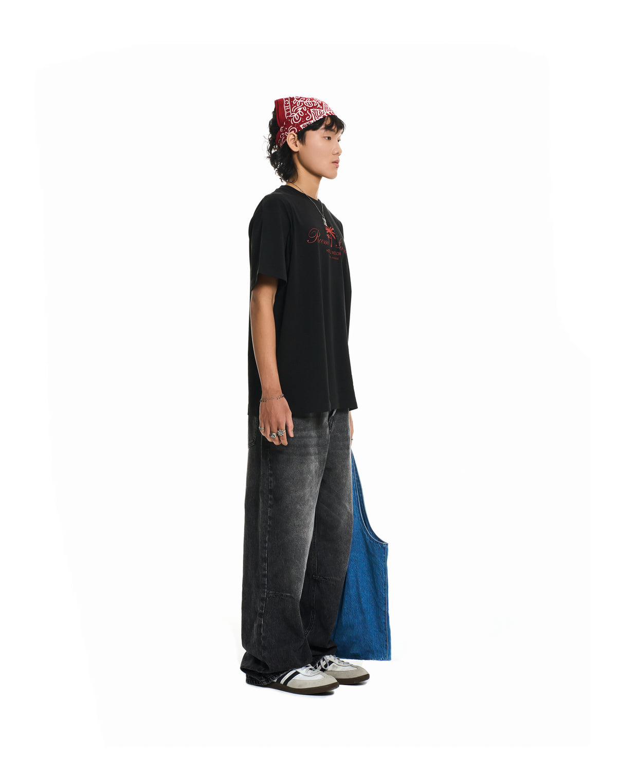 WIDE- LEG GREY WASHED DENIM PANTS/ BLACK