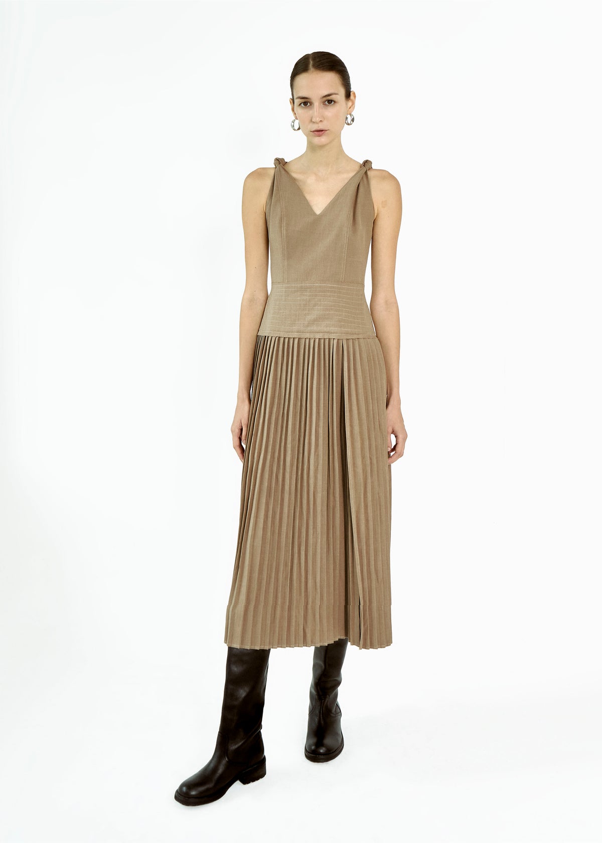 Brown Knotted Shoulder Pleated Dress