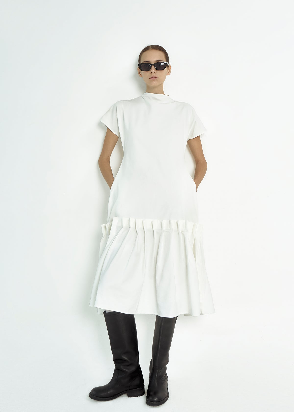 White High Neck Gathered Dress