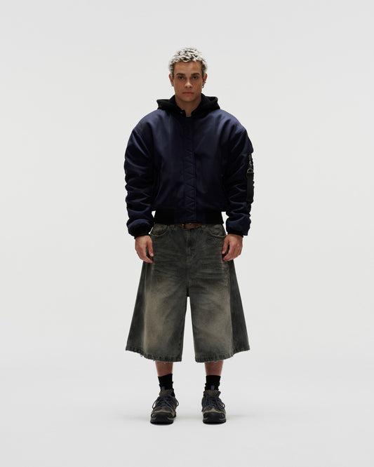 BSJ6 _ "FNOS" WASHED BAGGY DENIM JORTS - DIRTY BLUE