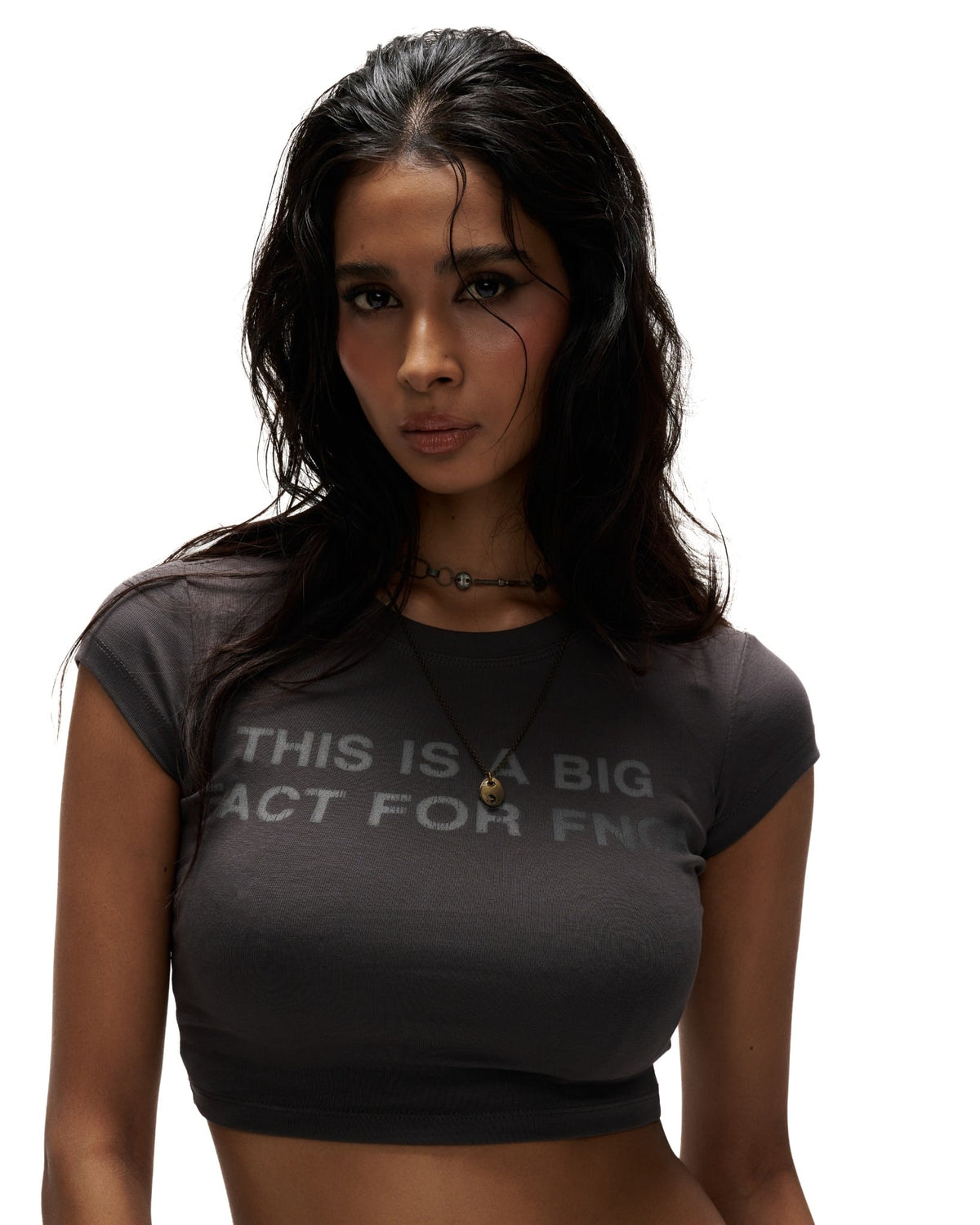 TBT9 - "FNOS" PRINTED CROPTOP - DARK GREY