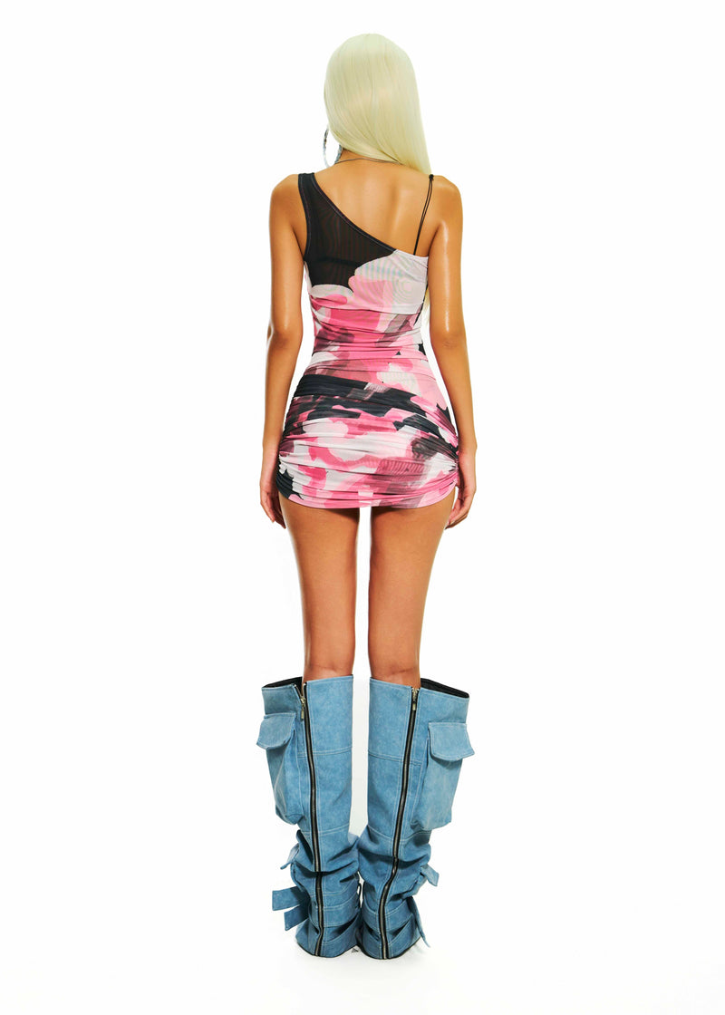 BONG ONE SHOULDER WRAPPED HIPS DRESS - BLOOMS HAND DRAWM