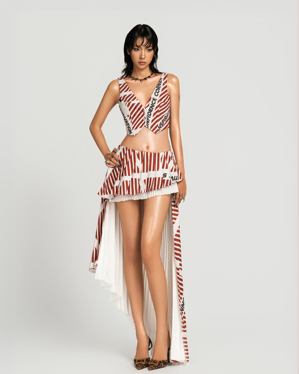 MAP Striped Asymmetric Pleated Skirt