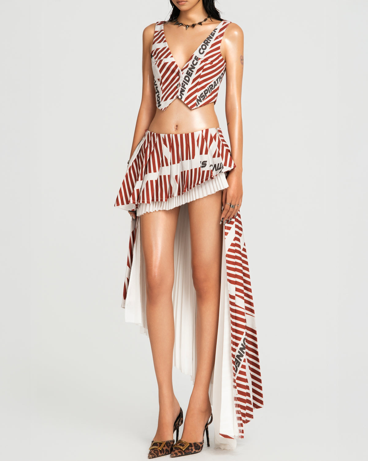 MAP Striped Asymmetric Pleated Skirt