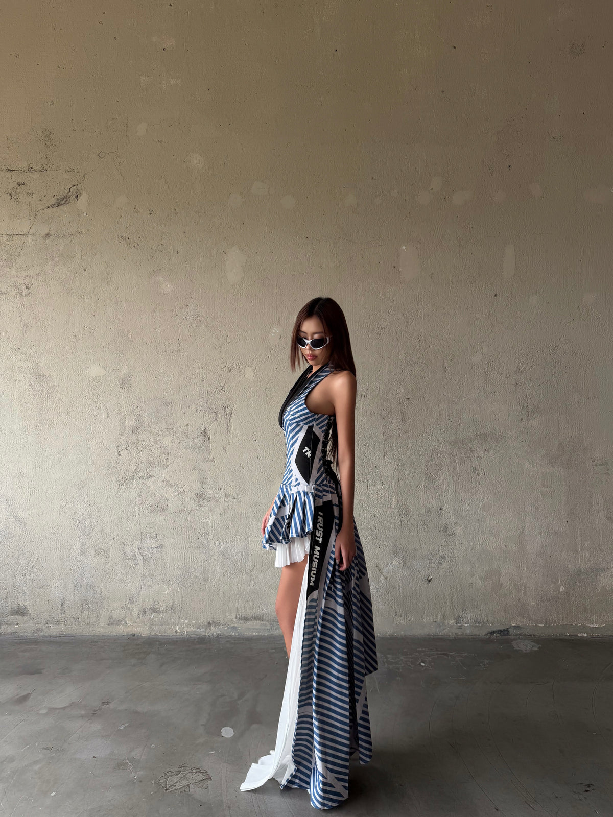 MAP STRIPED ASYMMETRIC PLEATED HALTER NECK DRESS
