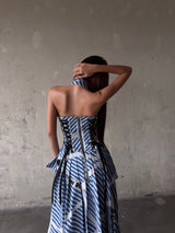 MAP STRIPED ASYMMETRIC PLEATED HALTER NECK DRESS