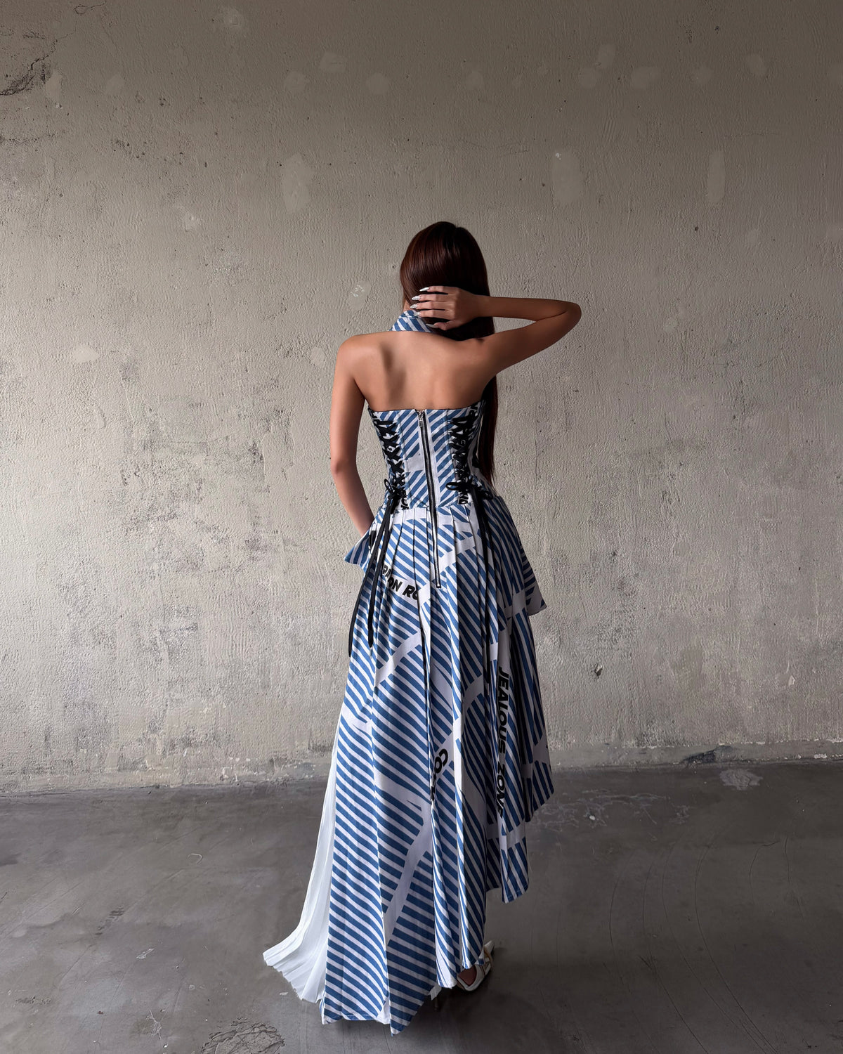 MAP STRIPED ASYMMETRIC PLEATED HALTER NECK DRESS