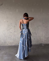 MAP STRIPED ASYMMETRIC PLEATED HALTER NECK DRESS