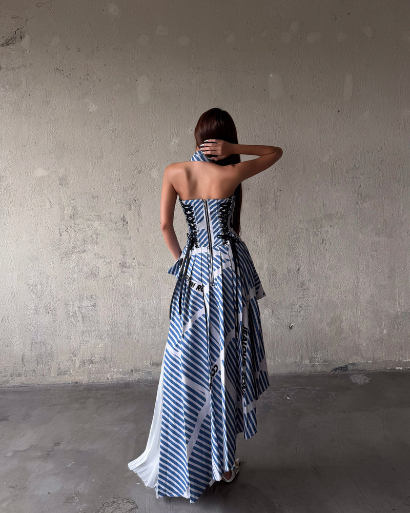 MAP STRIPED ASYMMETRIC PLEATED HALTER NECK DRESS