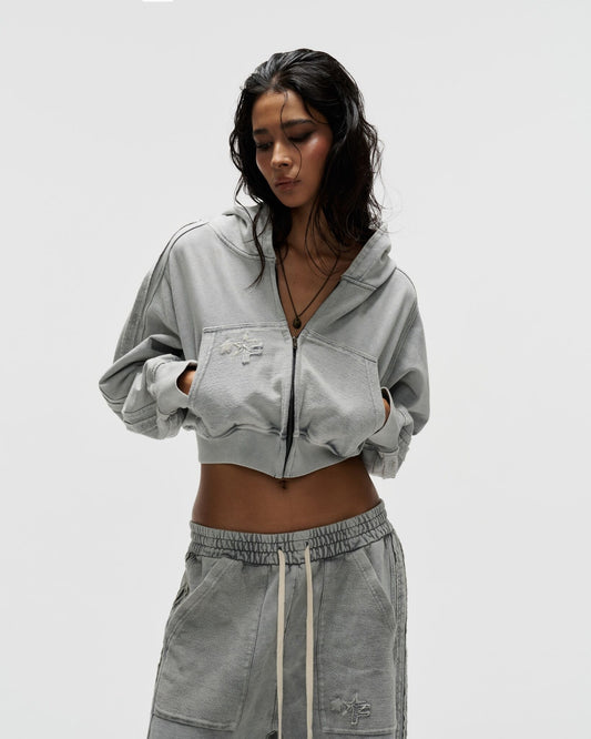 HDW3 - "FNOS" WASHED CROPTOP HOODIE - GREY