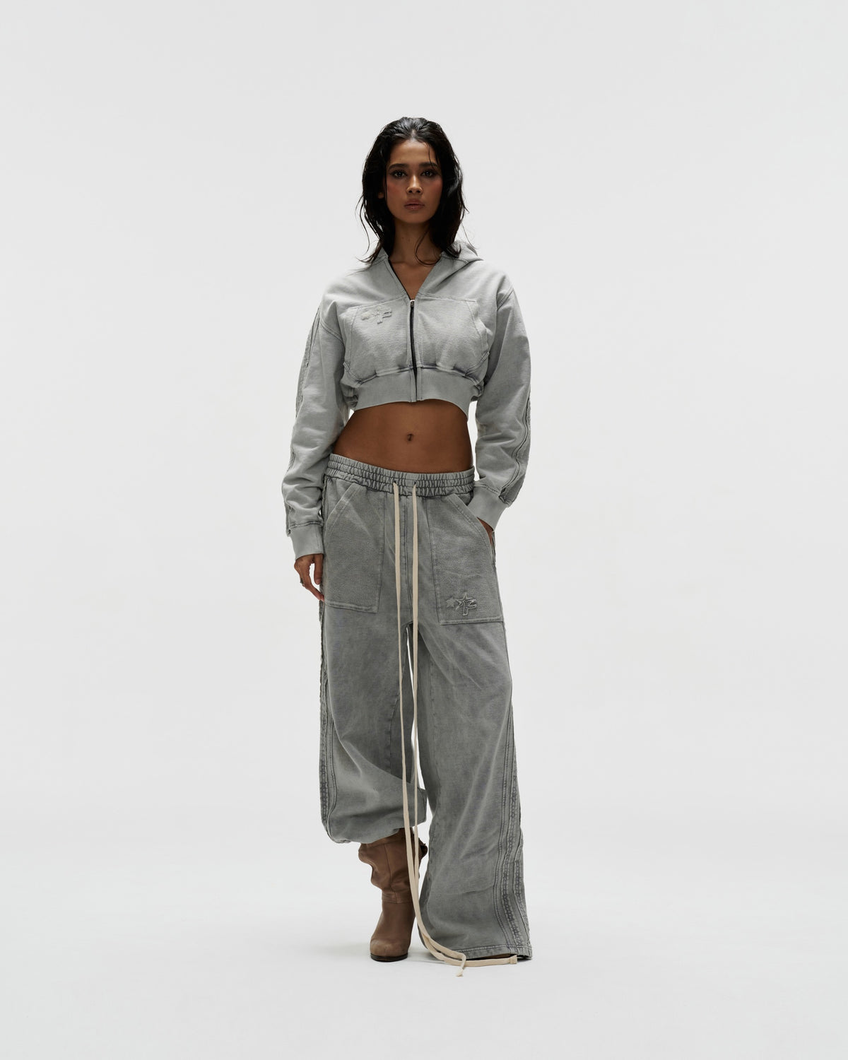 HDW3 - "FNOS" WASHED CROPTOP HOODIE - GREY