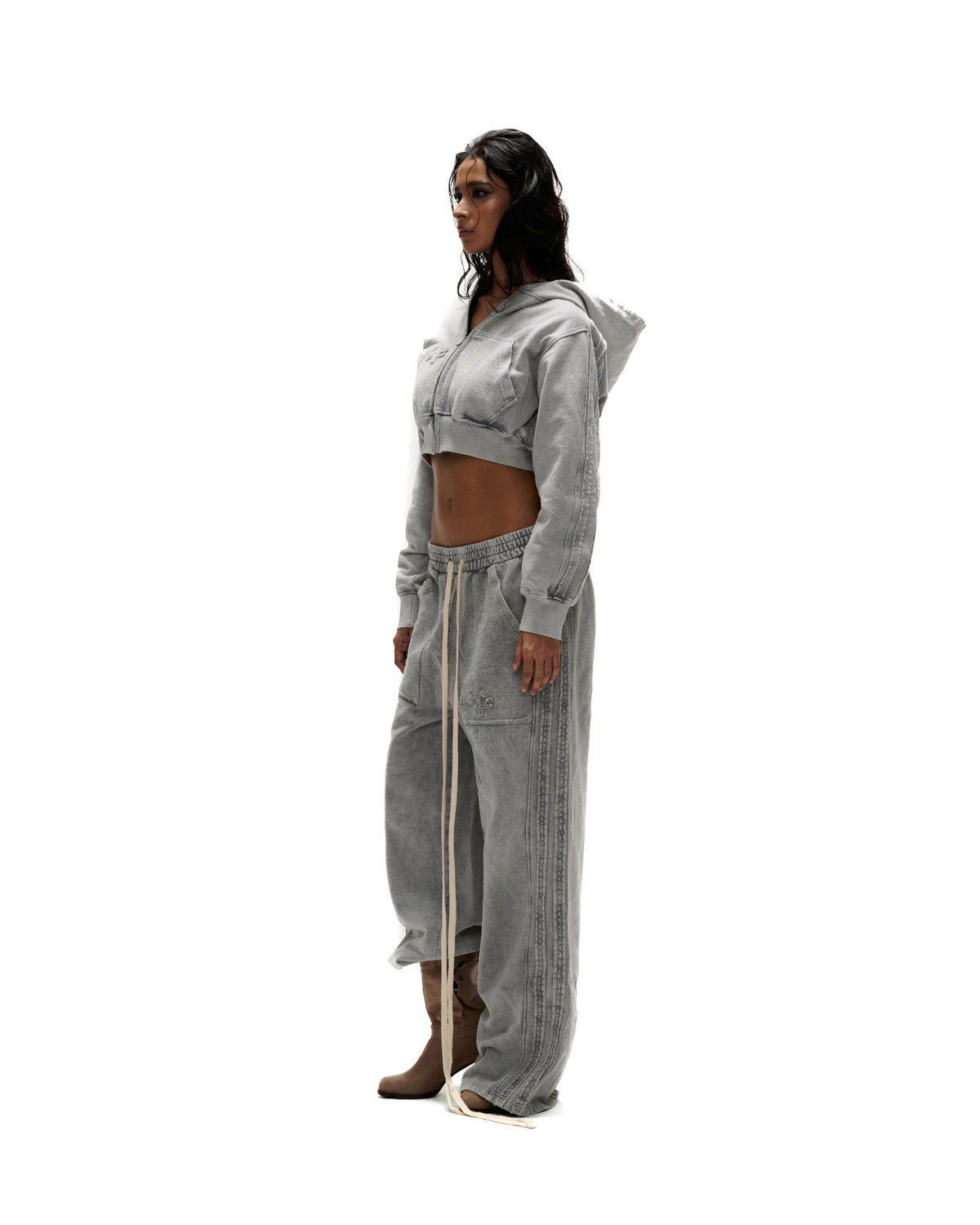 HDW3 - "FNOS" WASHED CROPTOP HOODIE - GREY