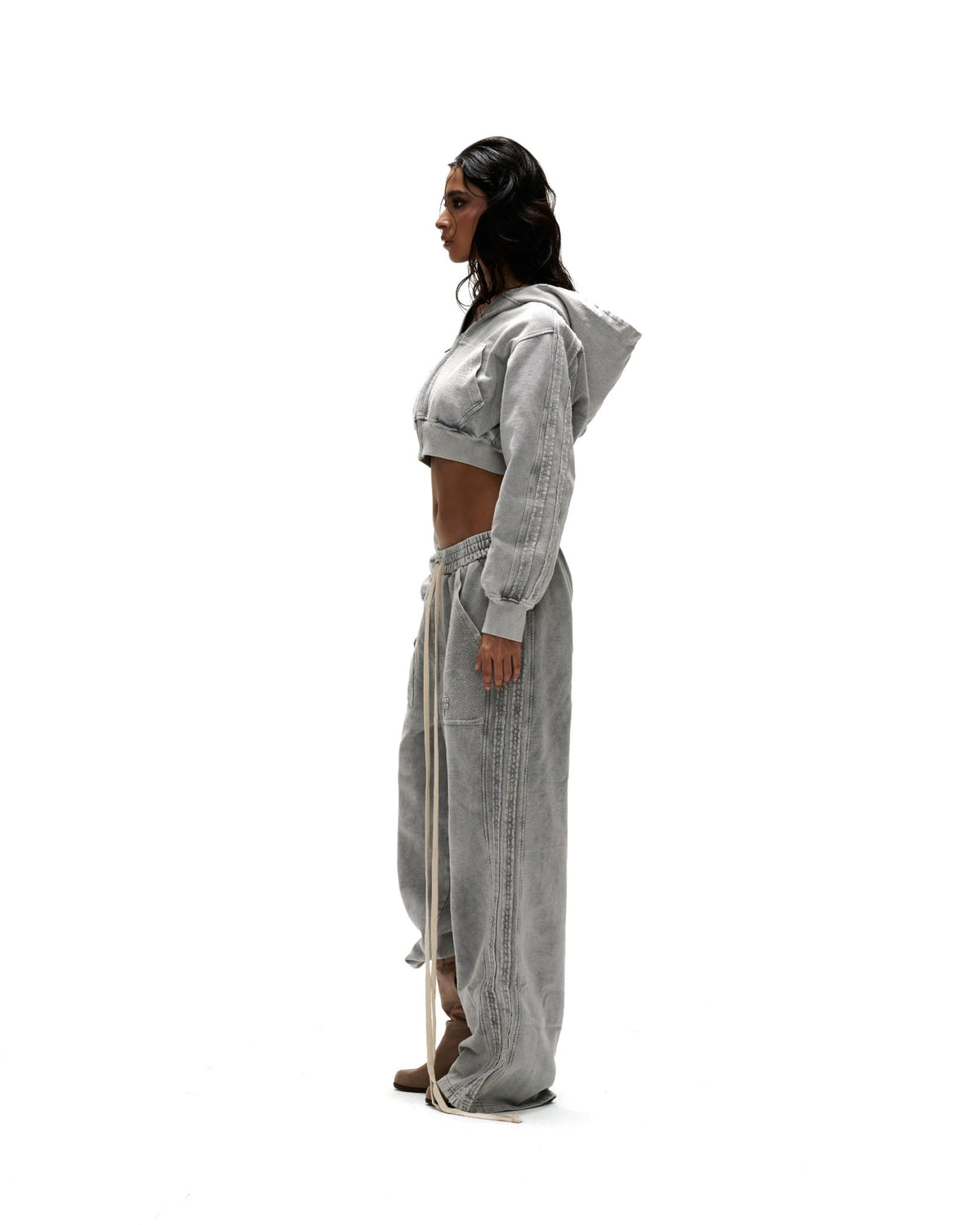 HDW3 - "FNOS" WASHED CROPTOP HOODIE - GREY