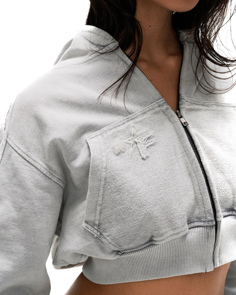 HDW3 - "FNOS" WASHED CROPTOP HOODIE - GREY