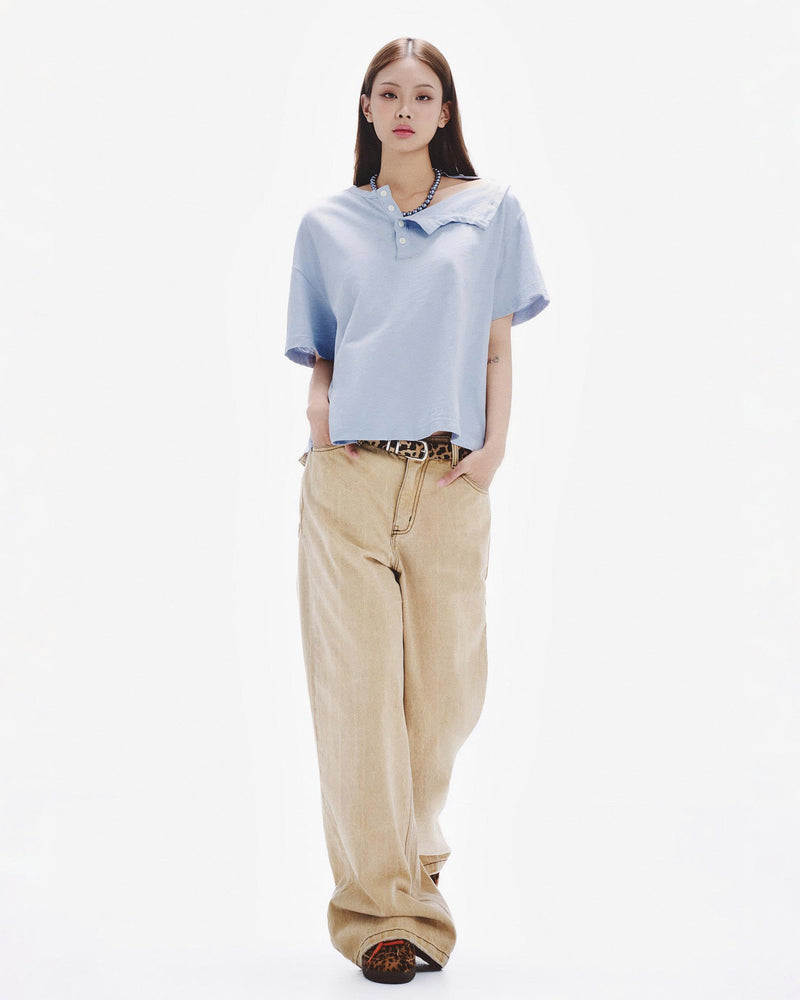 HENLEY SHOULDER BUTTON T-SHIRT ( ICY BLUE )