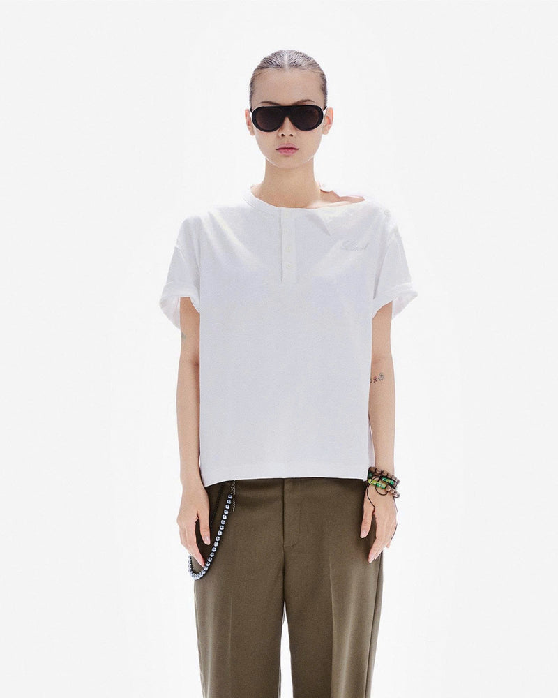HENLEY SHOULDER BUTTON T-SHIRT ( RICE WHITE )