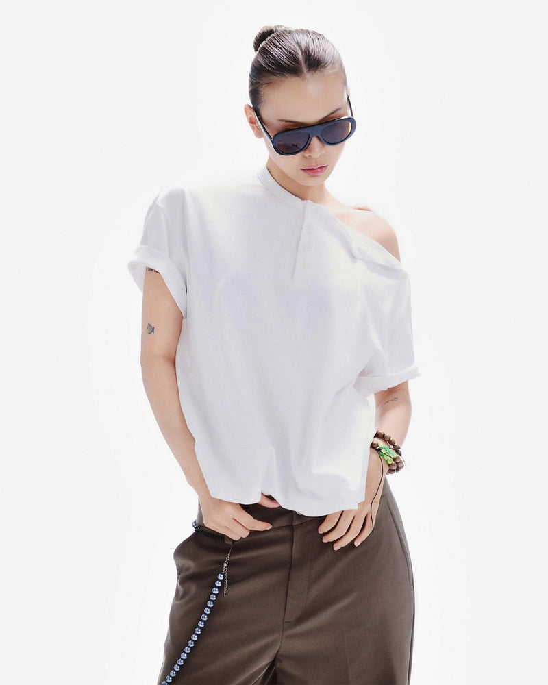 HENLEY SHOULDER BUTTON T-SHIRT ( RICE WHITE )