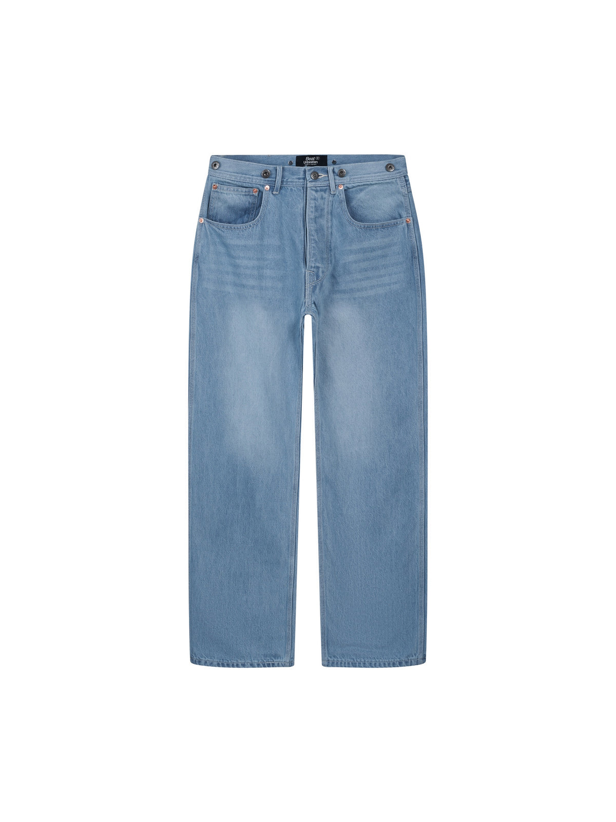 Triple-Stitch Cinchback Straight-Fit Washed Denim Pants