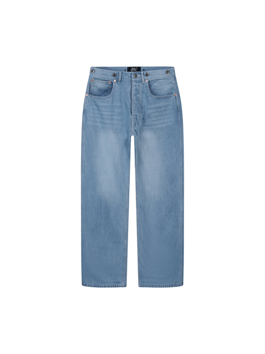 Triple-Stitch Cinchback Straight-Fit Washed Denim Pants