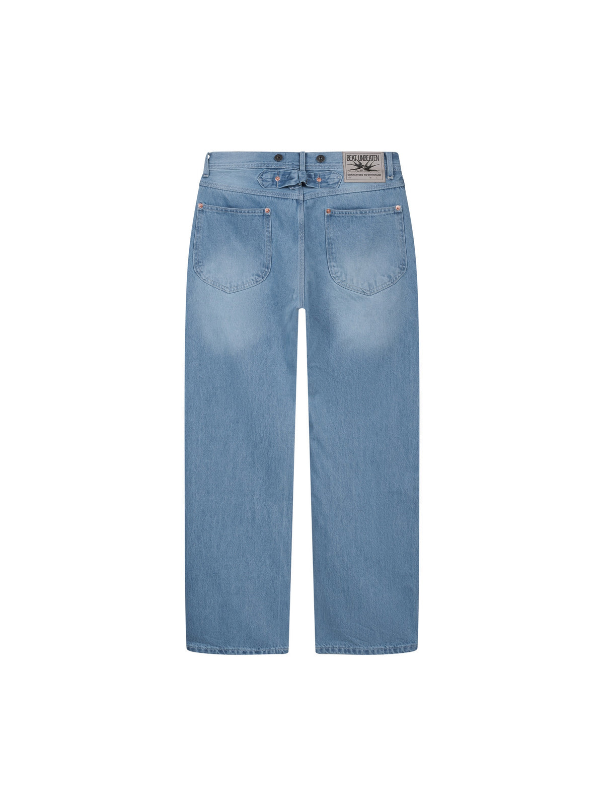 Triple-Stitch Cinchback Straight-Fit Washed Denim Pants