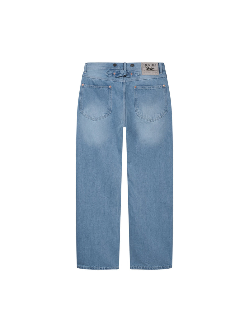 Triple-Stitch Cinchback Straight-Fit Washed Denim Pants