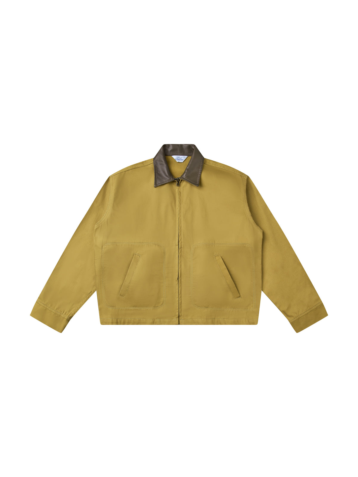 Leather-Collar Square-Pocket Khaki Jacket