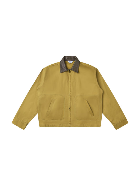 Leather-Collar Square-Pocket Khaki Jacket