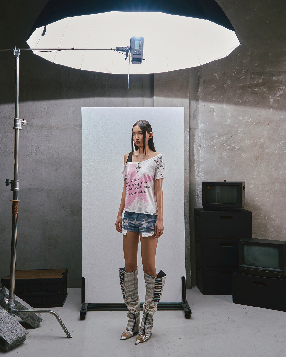 RAW Stars Printed Asymmetrical Cold Shoulder Top
