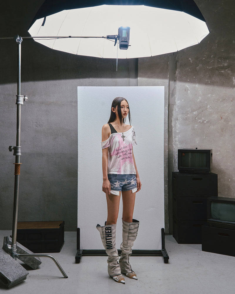 RAW Stars Printed Asymmetrical Cold Shoulder Top