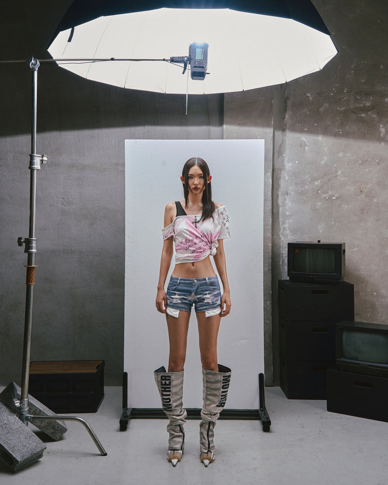 RAW Stars Printed Asymmetrical Cold Shoulder Top