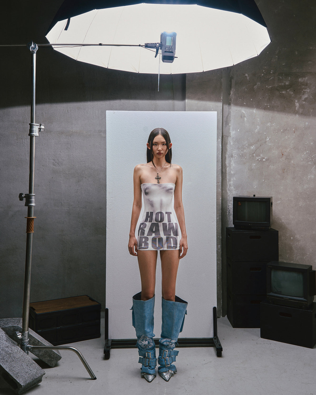 RAW Text Printed Strapless dress