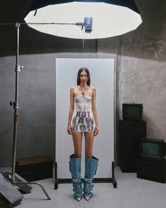 RAW Text Printed Strapless dress
