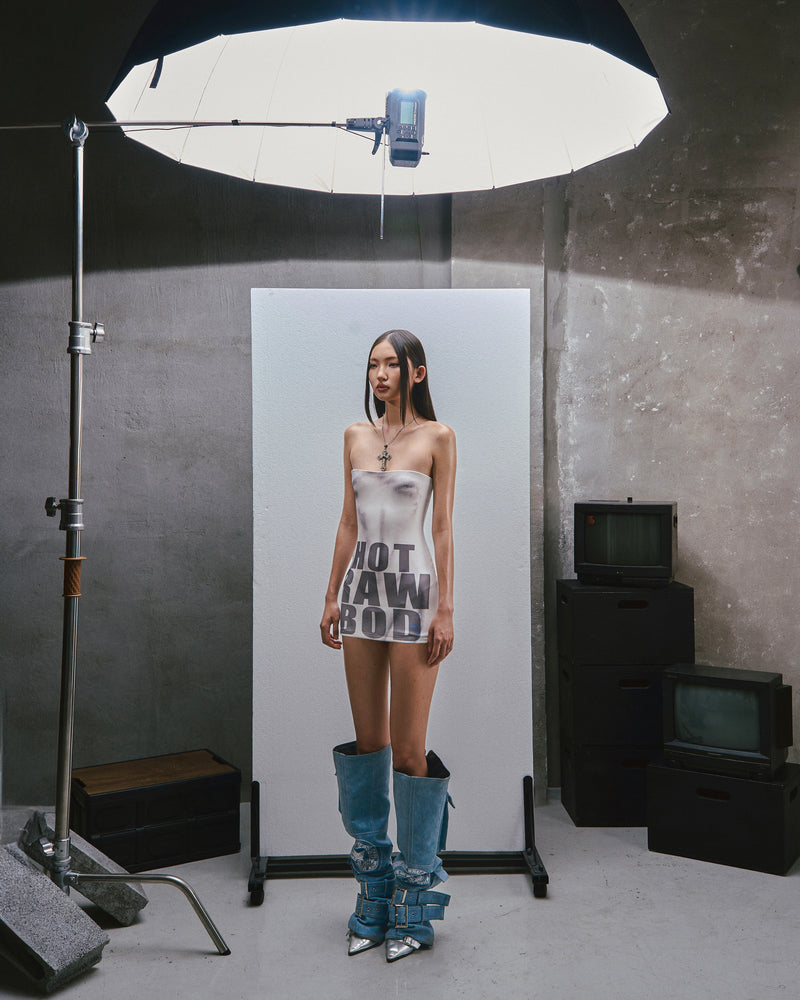 RAW Text Printed Strapless dress