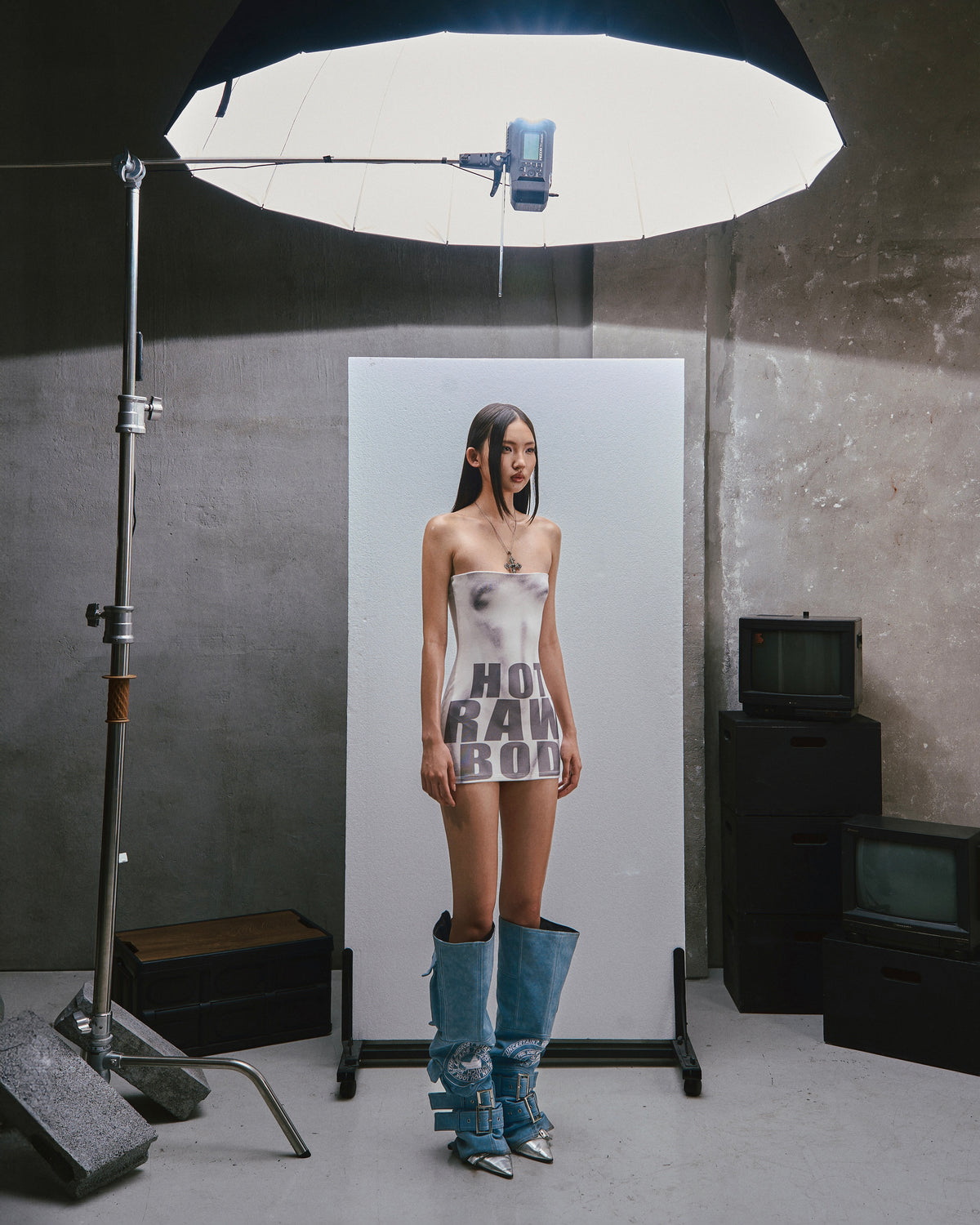 RAW Text Printed Strapless dress