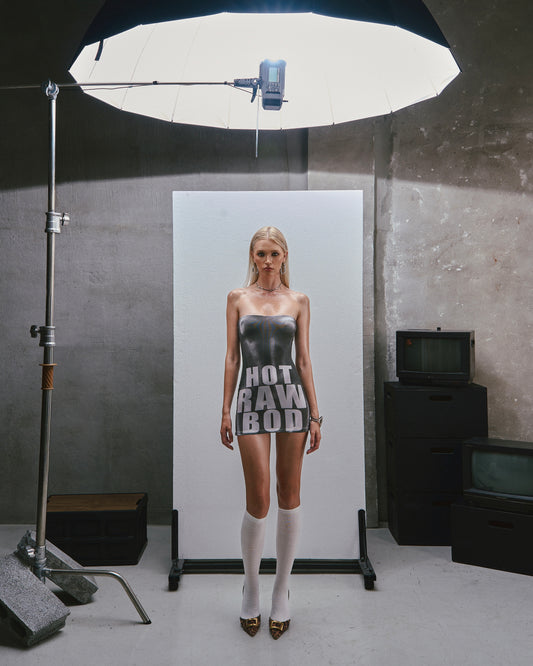 RAW Text Printed Strapless dress - black