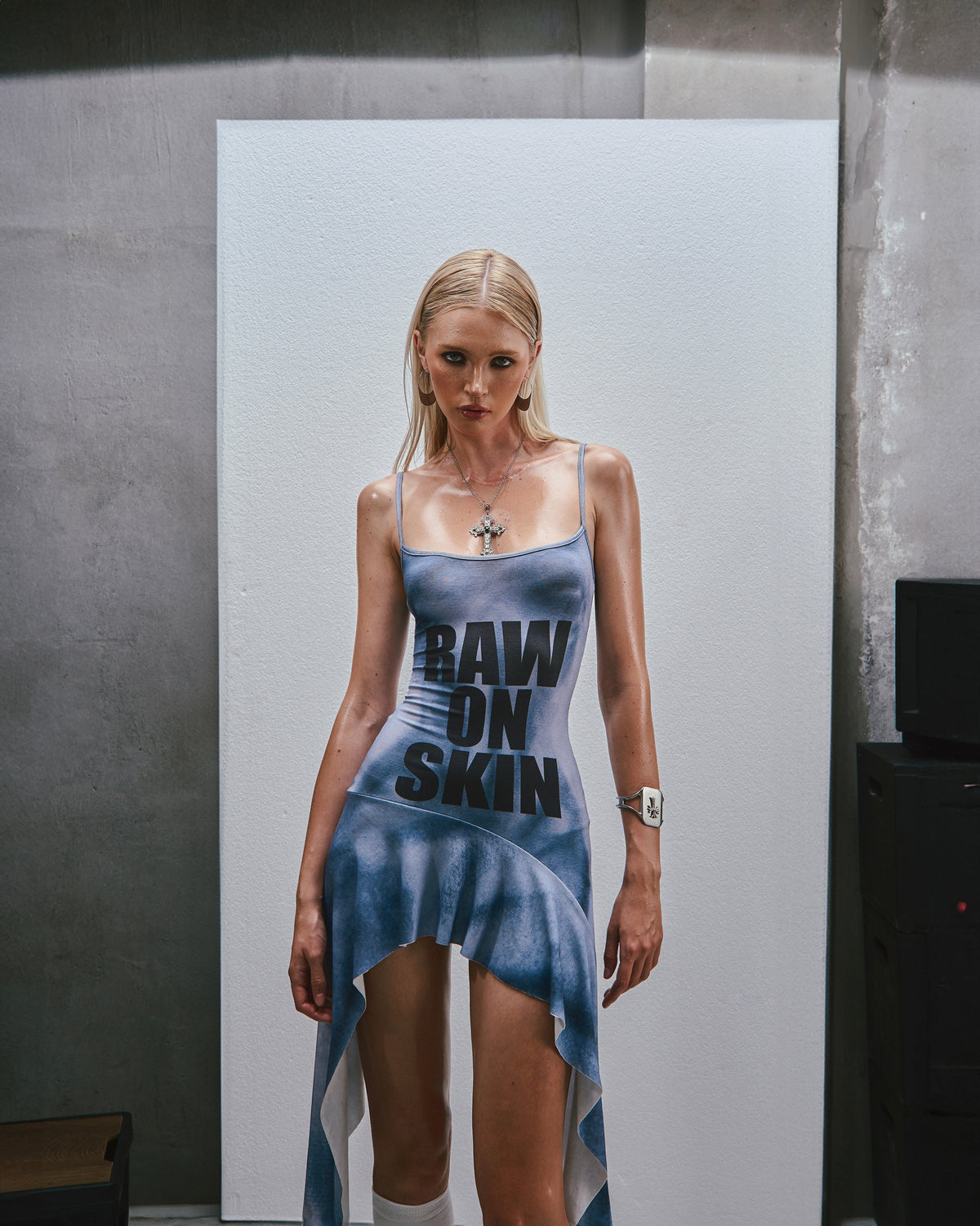 RAW Text Printed Straps Ruffled Asymmetric Hem Mini Dress