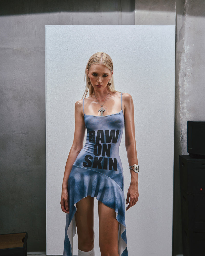 RAW Text Printed Straps Ruffled Asymmetric Hem Mini Dress