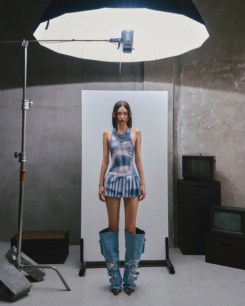 RAW Printed Tank Pleated Mini Dress - washed blue