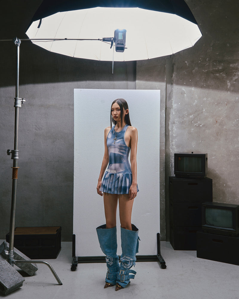 RAW Printed Tank Pleated Mini Dress - washed blue