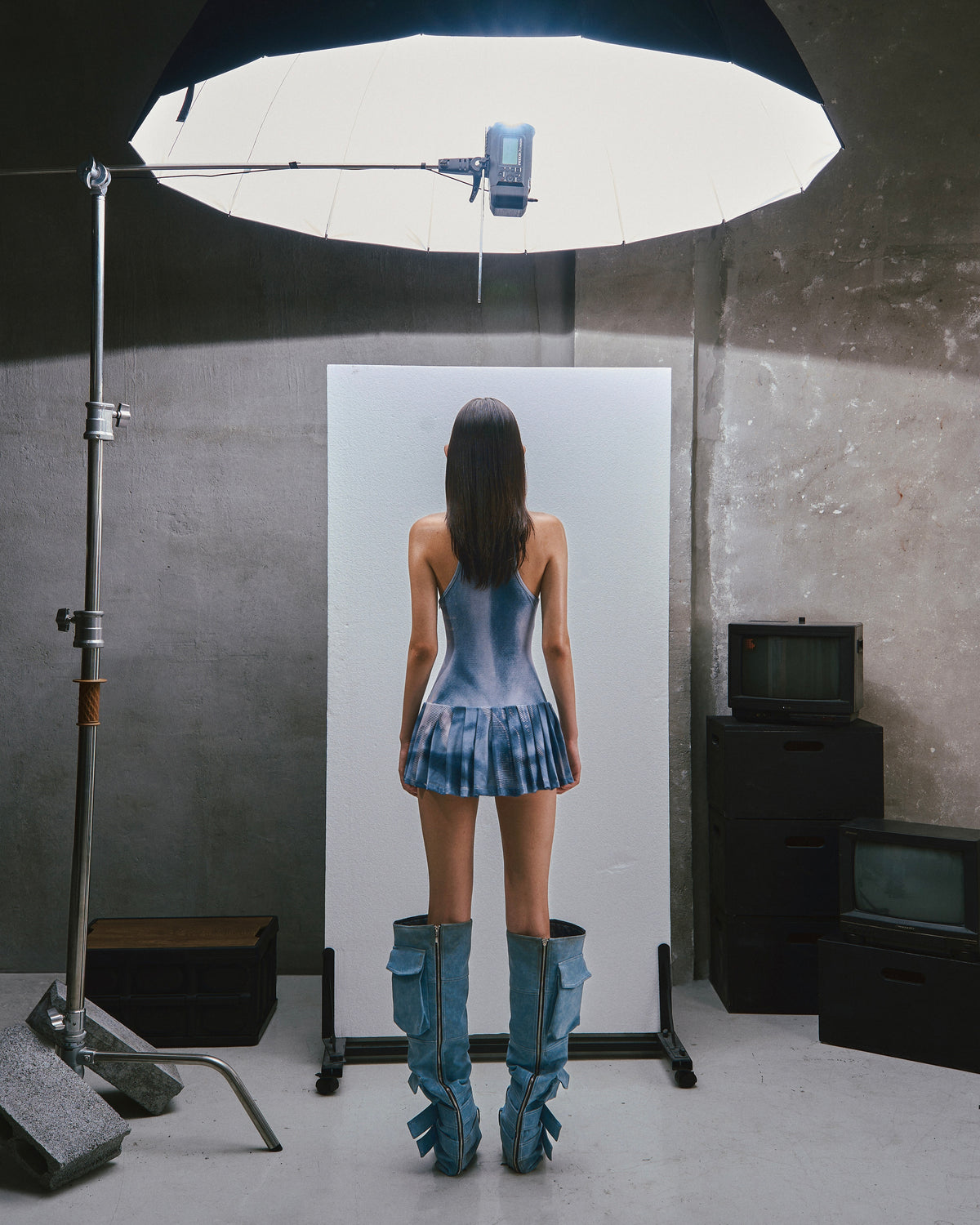 RAW Printed Tank Pleated Mini Dress - washed blue
