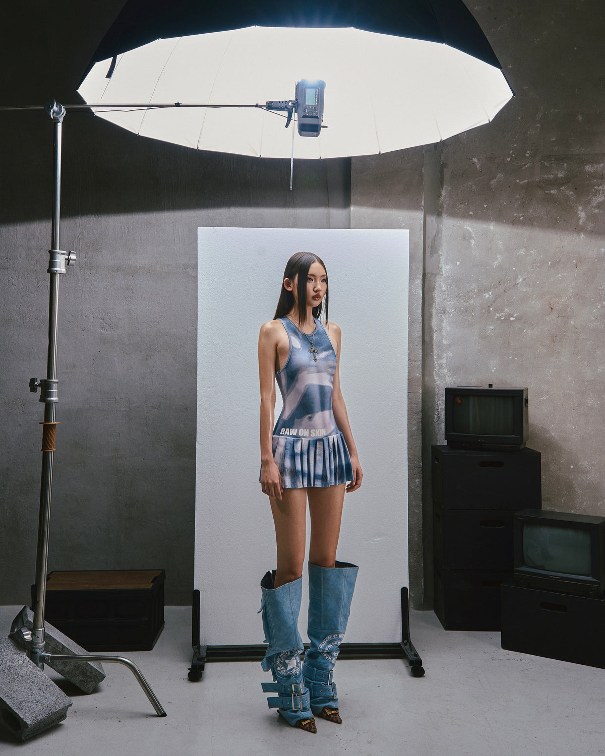 RAW Printed Tank Pleated Mini Dress - washed blue