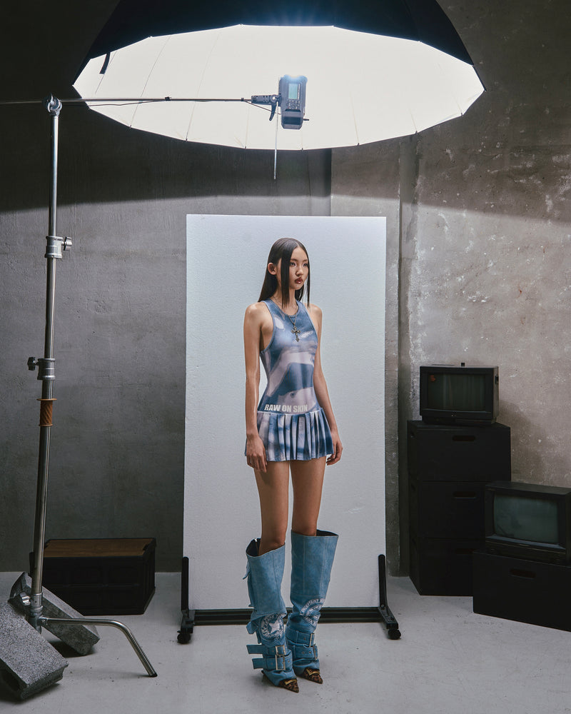 RAW Printed Tank Pleated Mini Dress - washed blue