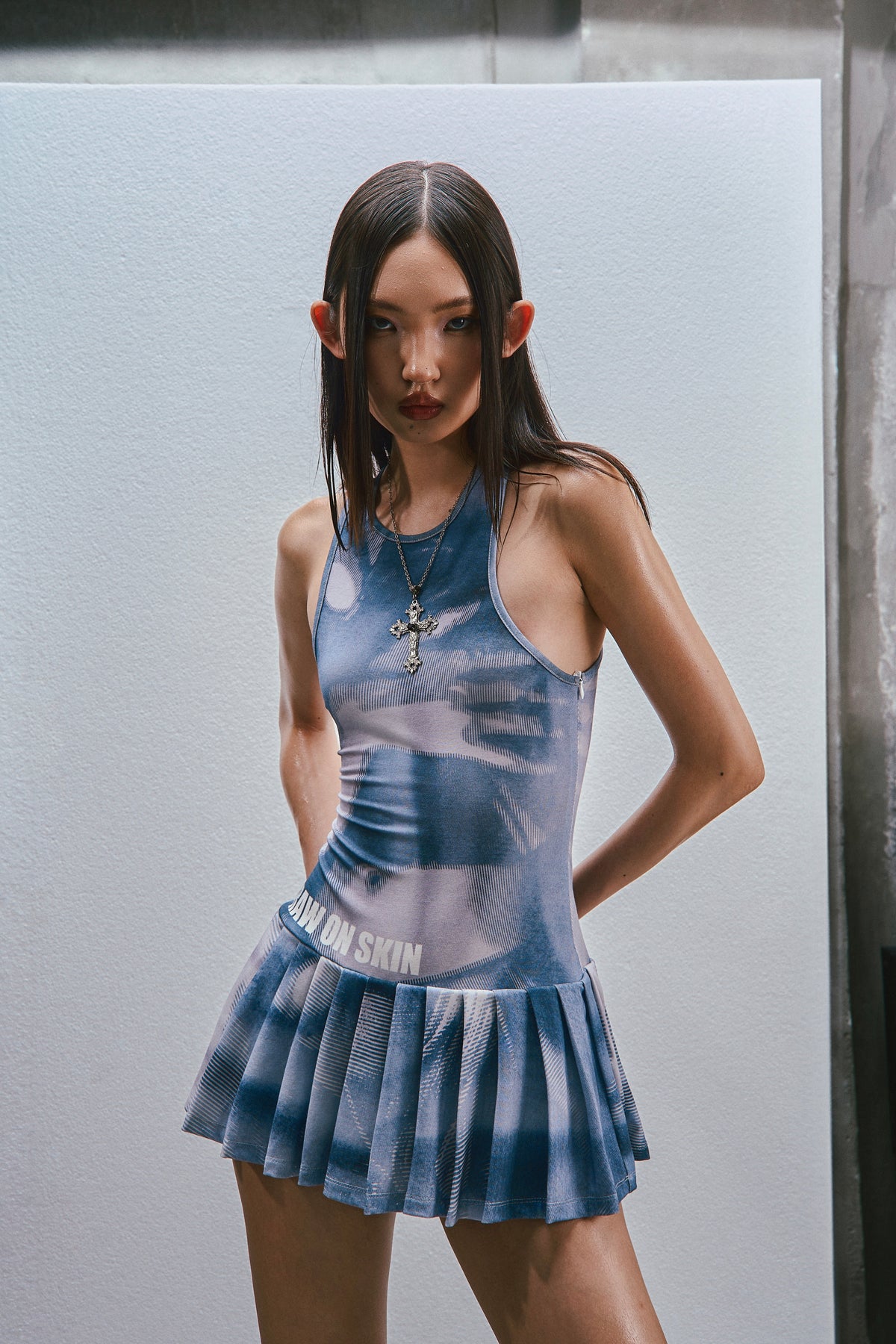 RAW Printed Tank Pleated Mini Dress - washed blue