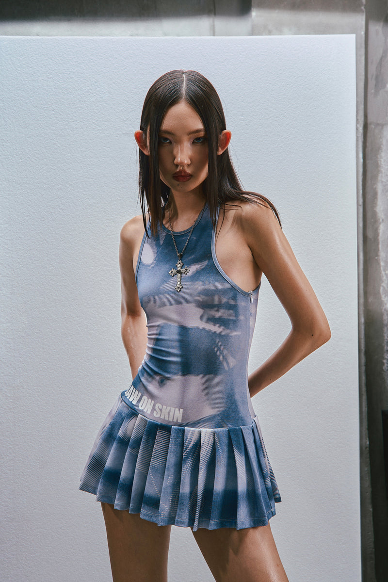 RAW Printed Tank Pleated Mini Dress - washed blue