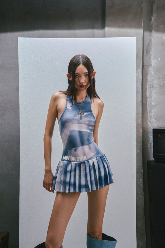 RAW Printed Tank Pleated Mini Dress - washed blue