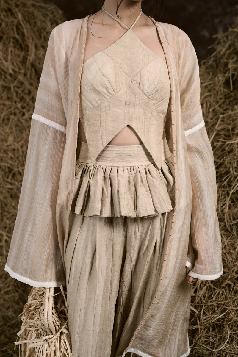 BEIGE DÂN CA LINEN HALTER TOP