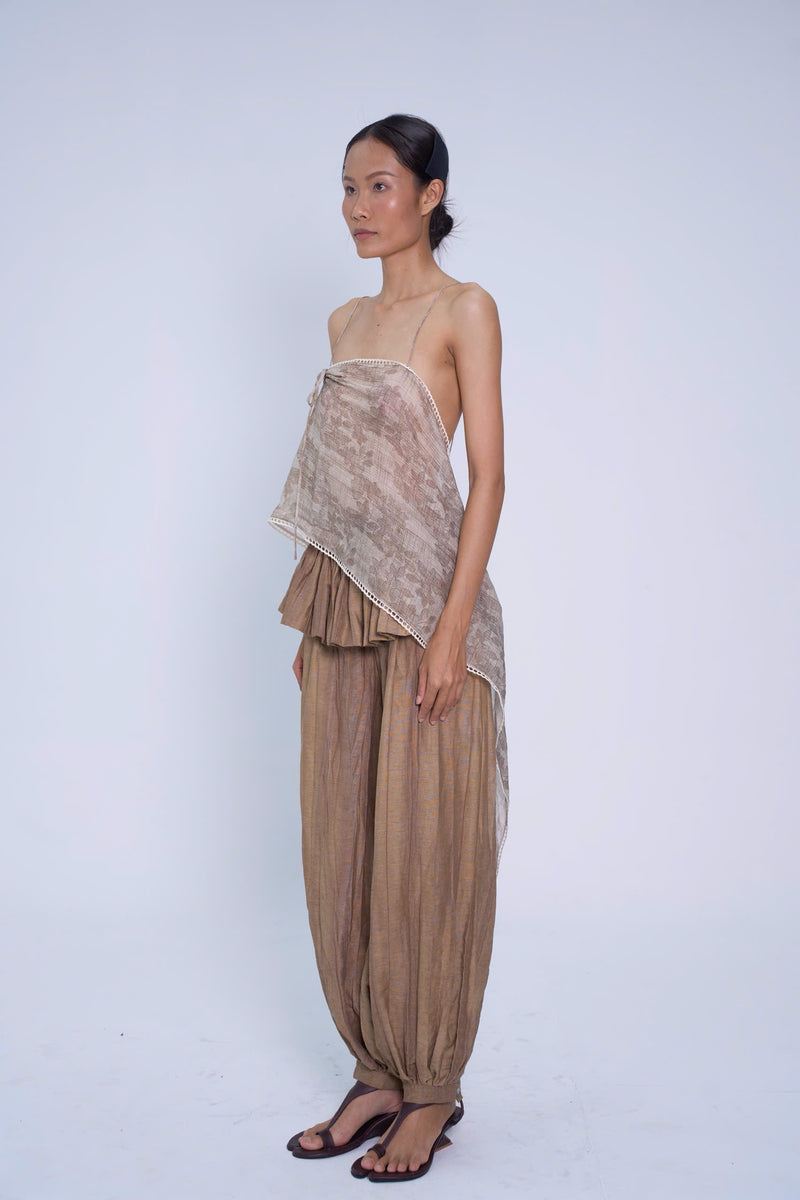 BROWN CHÂN TRẦN LINEN PEPLUM HAREM