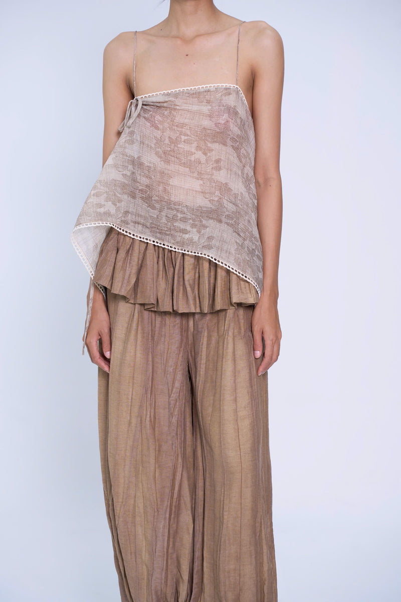 BROWN CHÂN TRẦN LINEN PEPLUM HAREM