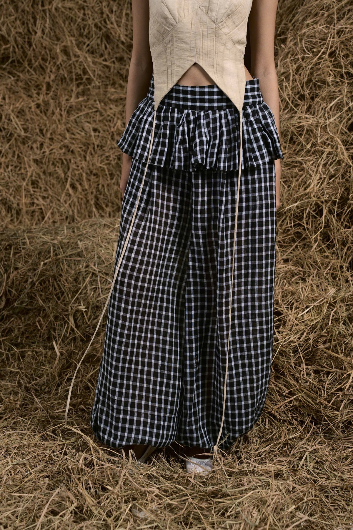 CHÂN TRẦN MUSLIN GINGHAM PEPLUM HAREM